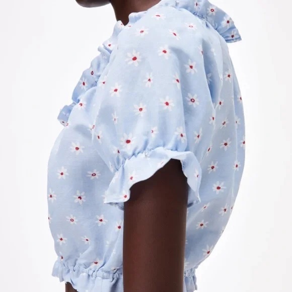 Zara Summer Linen Blend Blue Floral Cropped Blouse - Picture 5 of 9